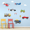 Wall Decals Trucks, Tractor and EMS Vehicles, Airplane and Helicopter Decals plus 15 ft Straight Road, Primary Colors, Eco Friendly Wall Stickers